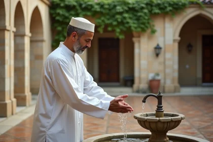 Homme musulman effectuant ses ablutions dans une cour de mosquée à Mantes-la-Jolie avant l'heure de la prière
