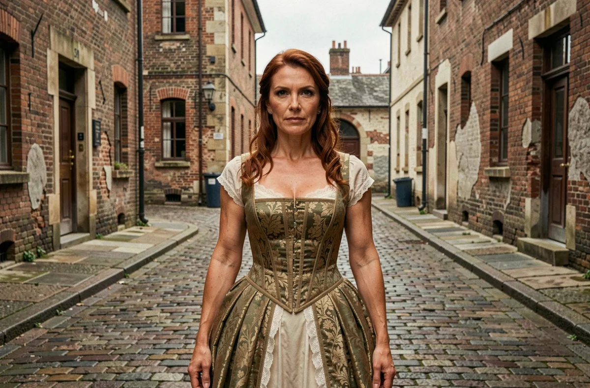 Actrice américaine en costume d'époque sur le tournage d'une série dramatique historique