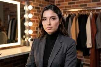 Actrice américaine en blazer dans une loge de tournage de série télévisée