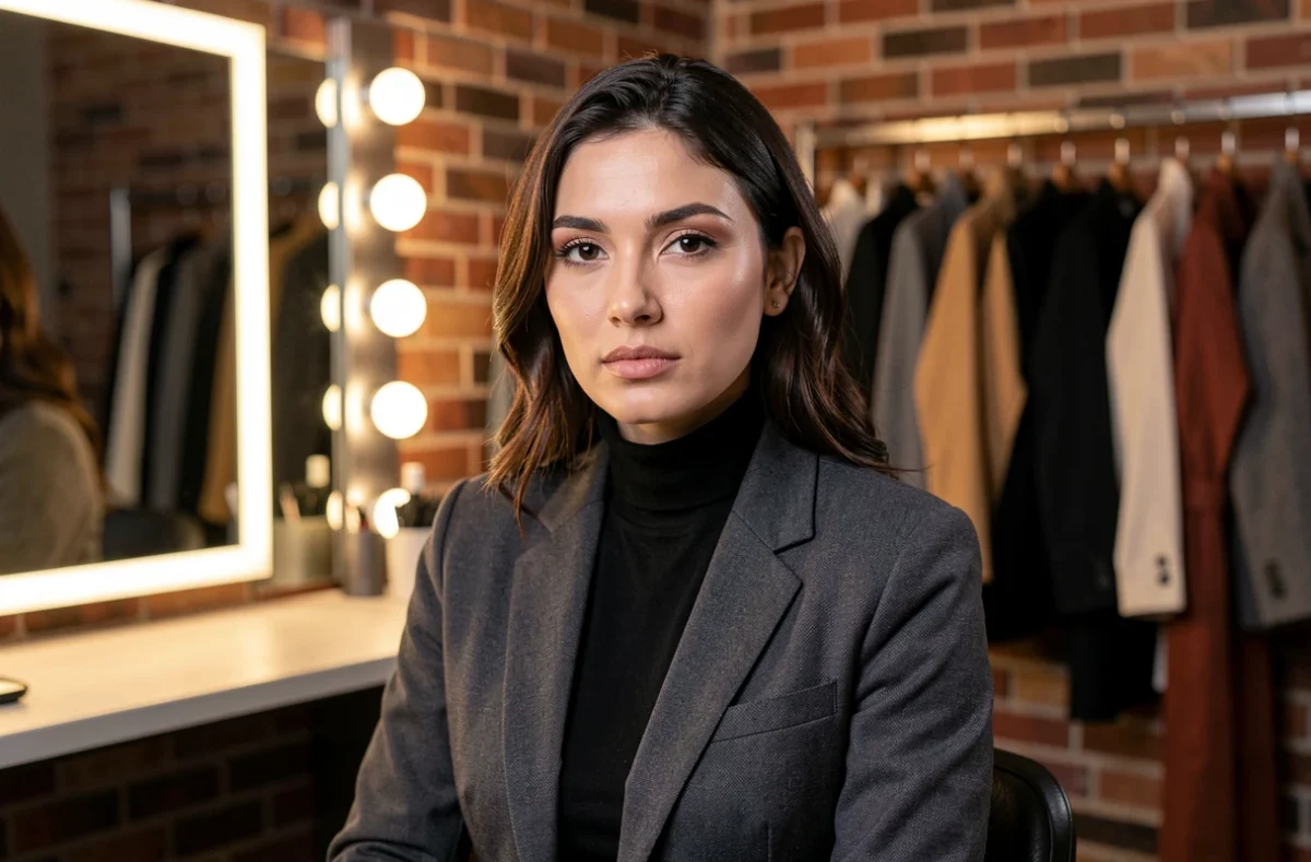 Actrice américaine en blazer dans une loge de tournage de série télévisée