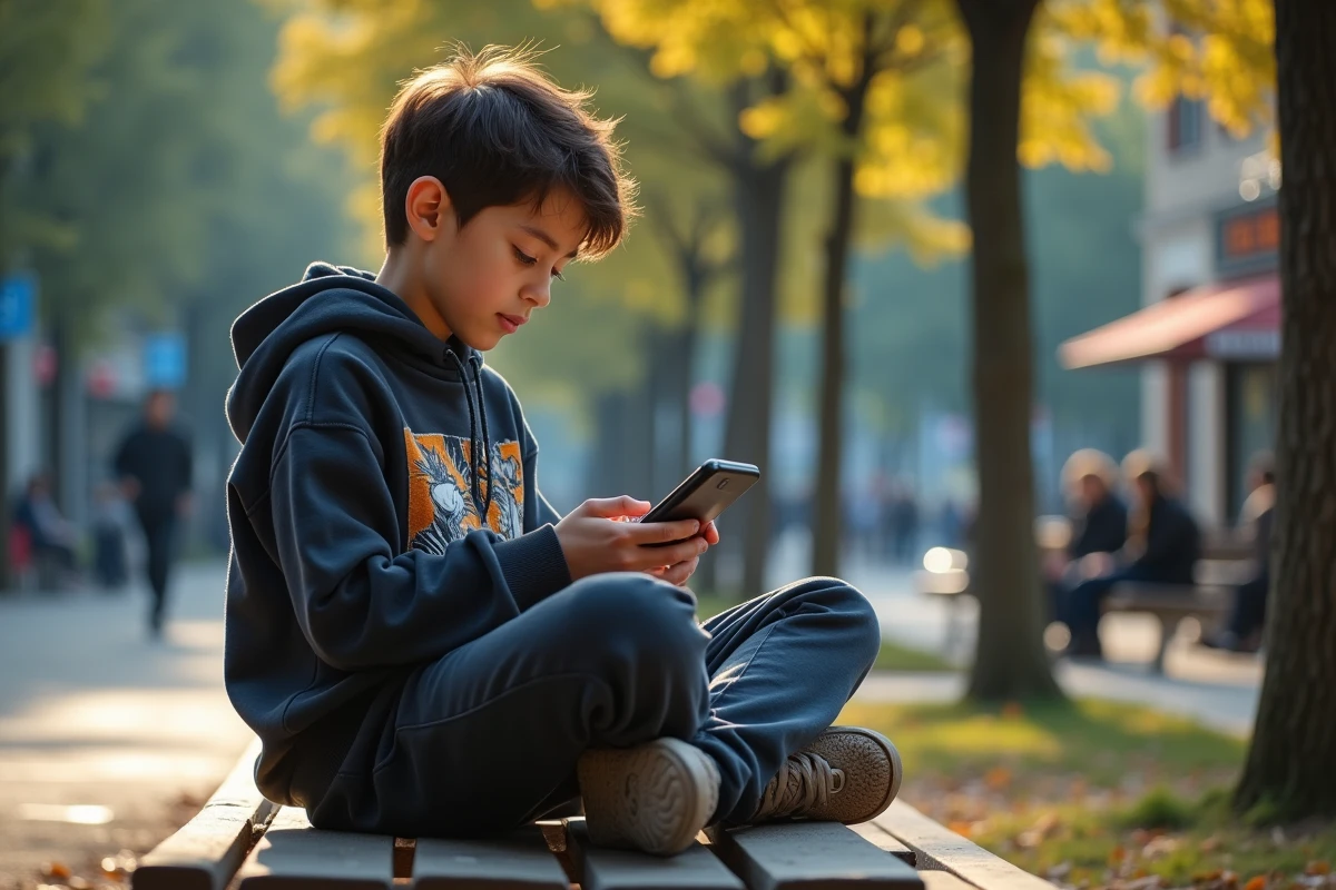 Adolescent lisant des mangas sur son smartphone dans un parc urbain