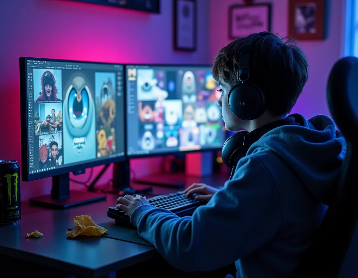 Adolescent captivé par des memes brainrot et contenus TikTok absurdes sur ses écrans dans sa chambre de gamer