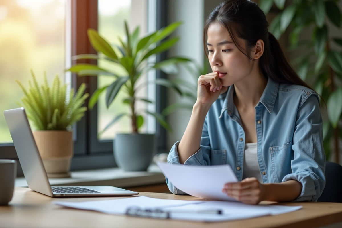 Adulte réfléchissant dans un bureau à domicile avec documents éducatifs