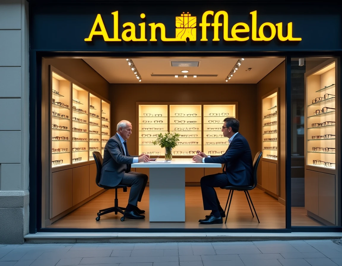 Boutique Alain Afflelou à Bourg-en-Bresse avec un opticien présentant des lunettes à un client