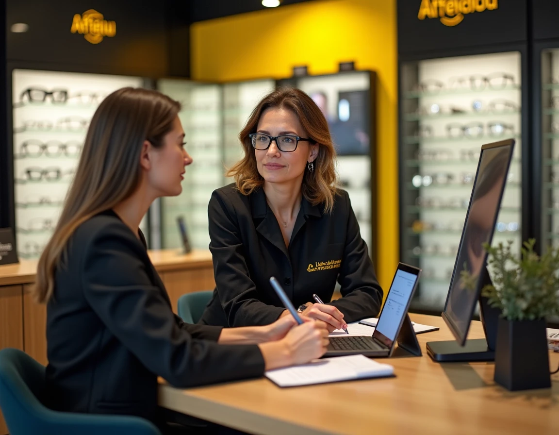 Cliente essayant des lunettes chez Alain Afflelou Valserhône avec l'assistance d'une opticienne professionnelle