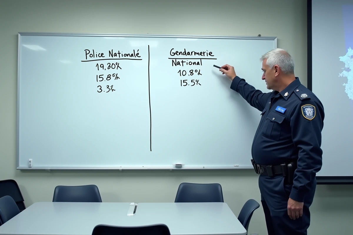 Officier devant un tableau distinguant statistiques police nationale et gendarmerie, illustrant l'erreur d'amalgamer les données des deux institutions