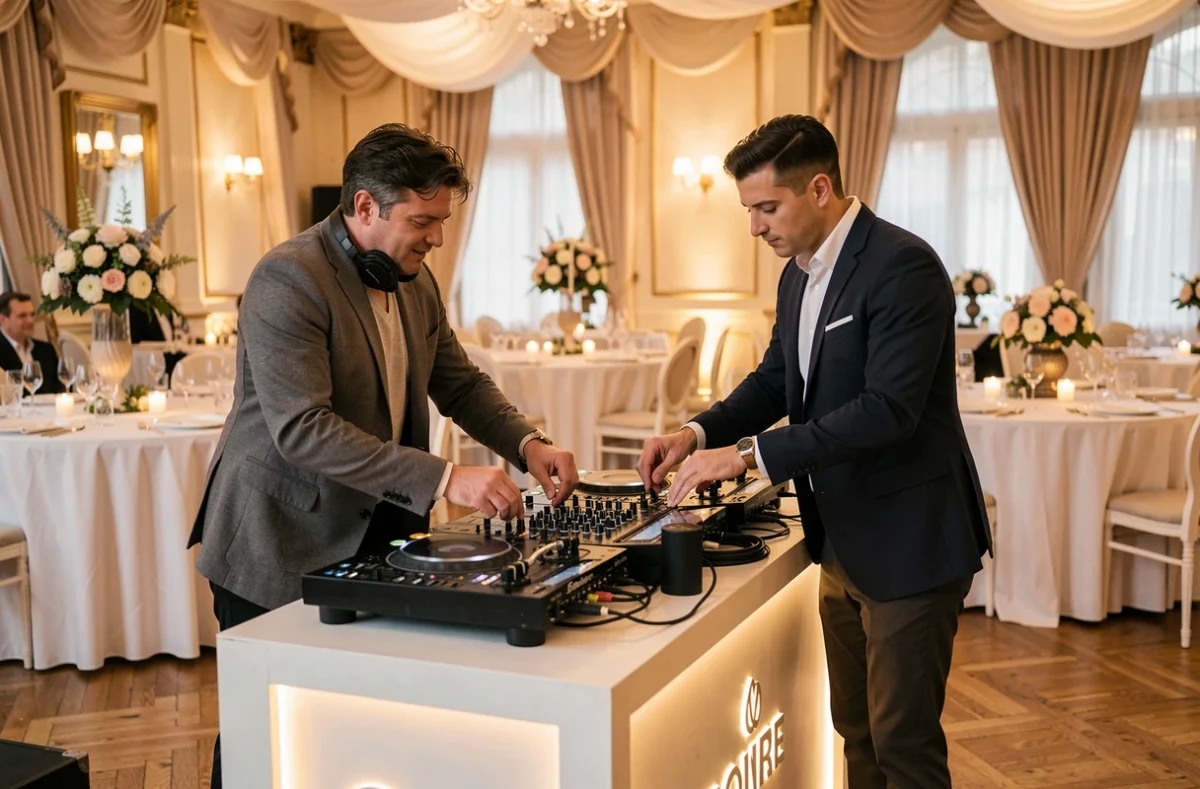 Duo de DJ professionnels installant leur matériel dans une salle de réception parisienne élégante pour un événement festif AmbianCvous
