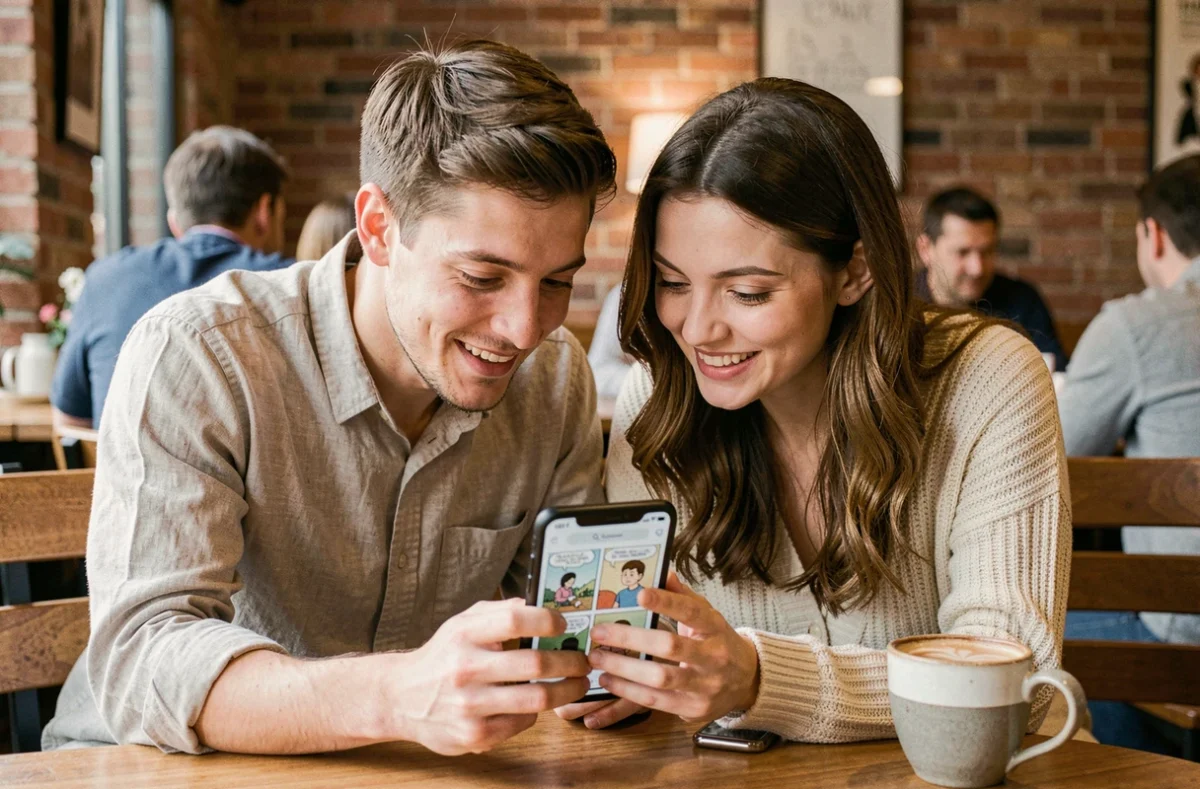 Deux jeunes adultes lisant ensemble un webtoon sur smartphone dans un café urbain