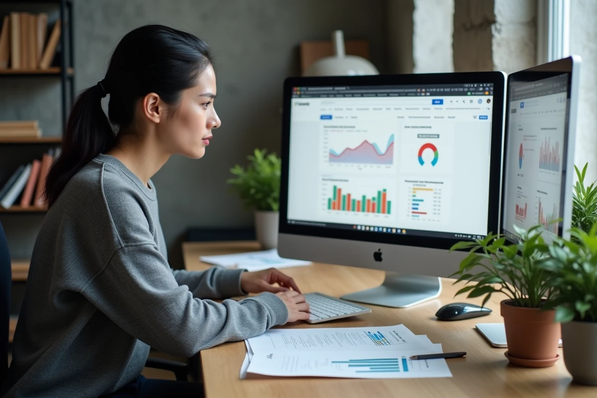 Analyste SEO étudiant des résultats de recherche sur un écran d'ordinateur avec des rapports imprimés sur un bureau en bois