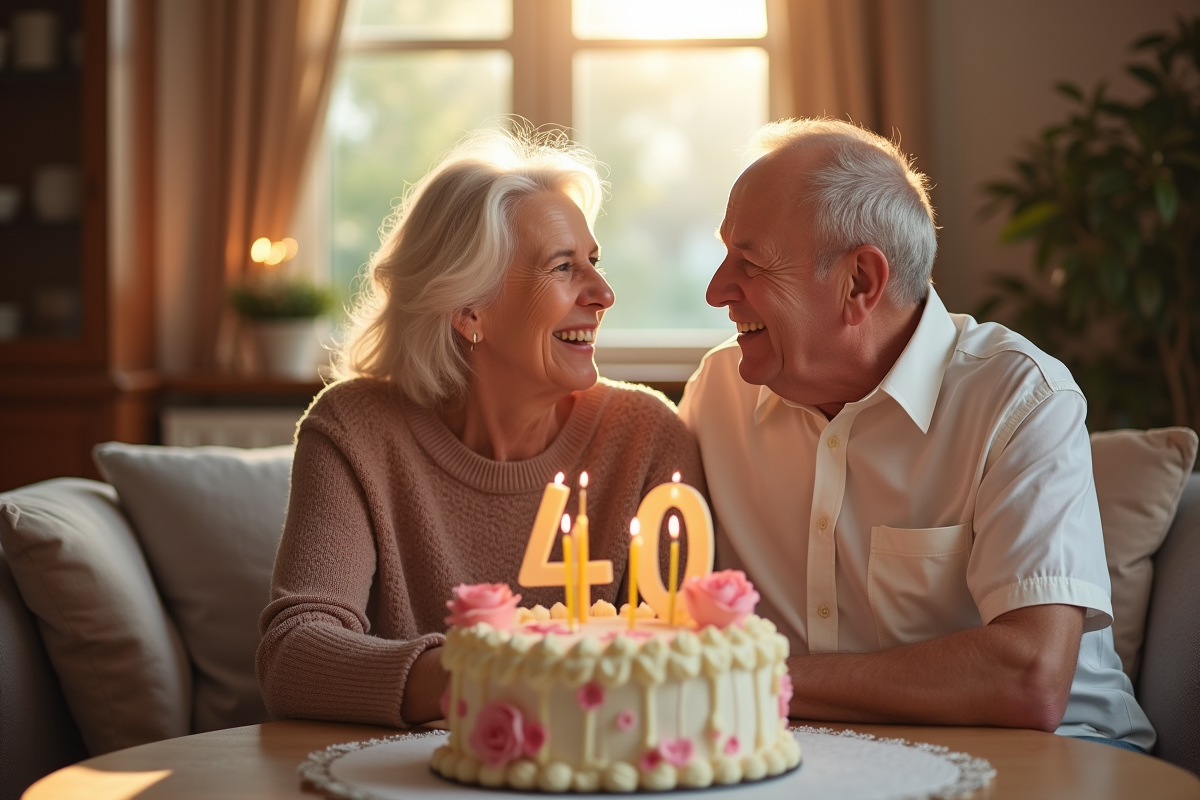 Couple agee celebrant 40 ans de mariage en famille