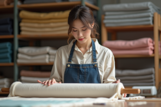 Jeune artisan femme inspectant un tissu coton dans un atelier