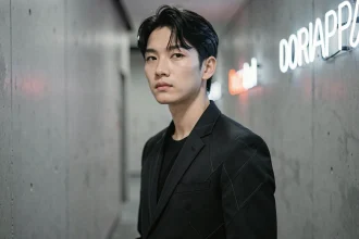 Jeune artiste kpop masculin du groupe 3piece posant dans un couloir backstage minimaliste avec veste noire structurée