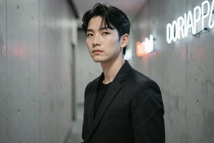 Jeune artiste kpop masculin du groupe 3piece posant dans un couloir backstage minimaliste avec veste noire structurée