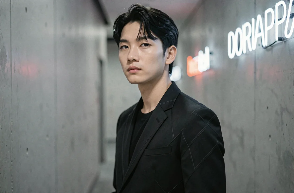Jeune artiste kpop masculin du groupe 3piece posant dans un couloir backstage minimaliste avec veste noire structurée