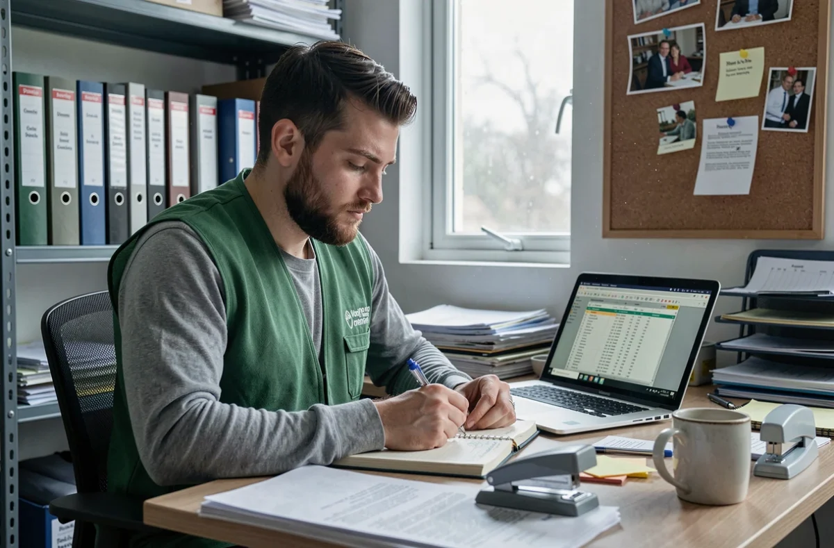 Jeune bénévole de l'association Oasis travaillant à son bureau dans les locaux administratifs de l'organisation