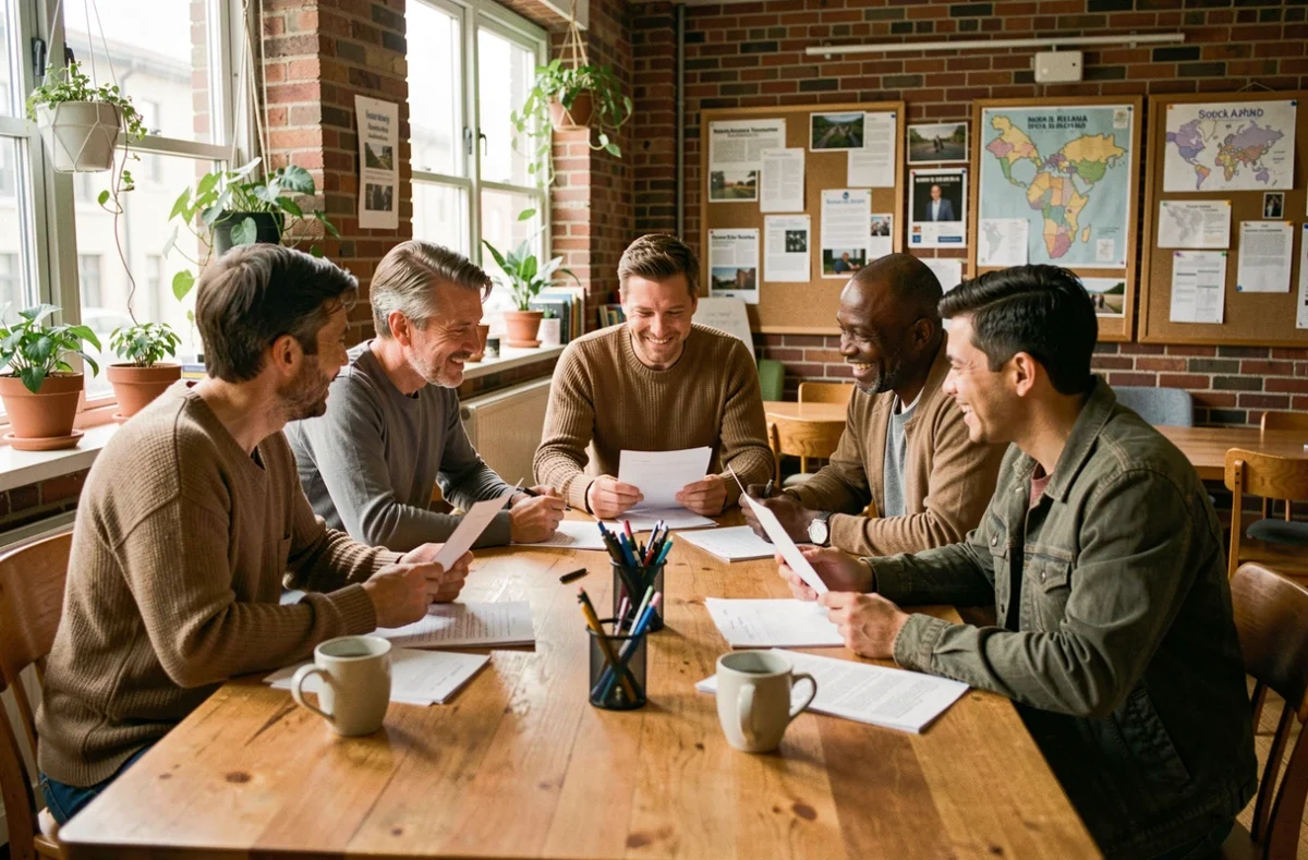 Bénévoles de l'association Oasis réunis autour d'une table lors d'une réunion communautaire dans un espace de travail associatif chaleureux
