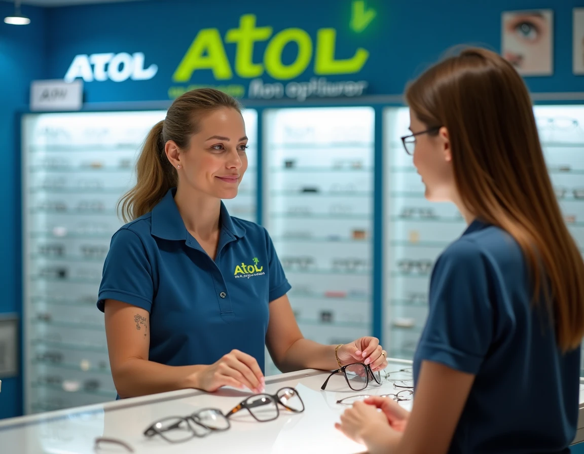 Opticienne Atol Mon Opticien à Ambérieu-en-Bugey accompagnant une cliente dans le choix de ses lunettes