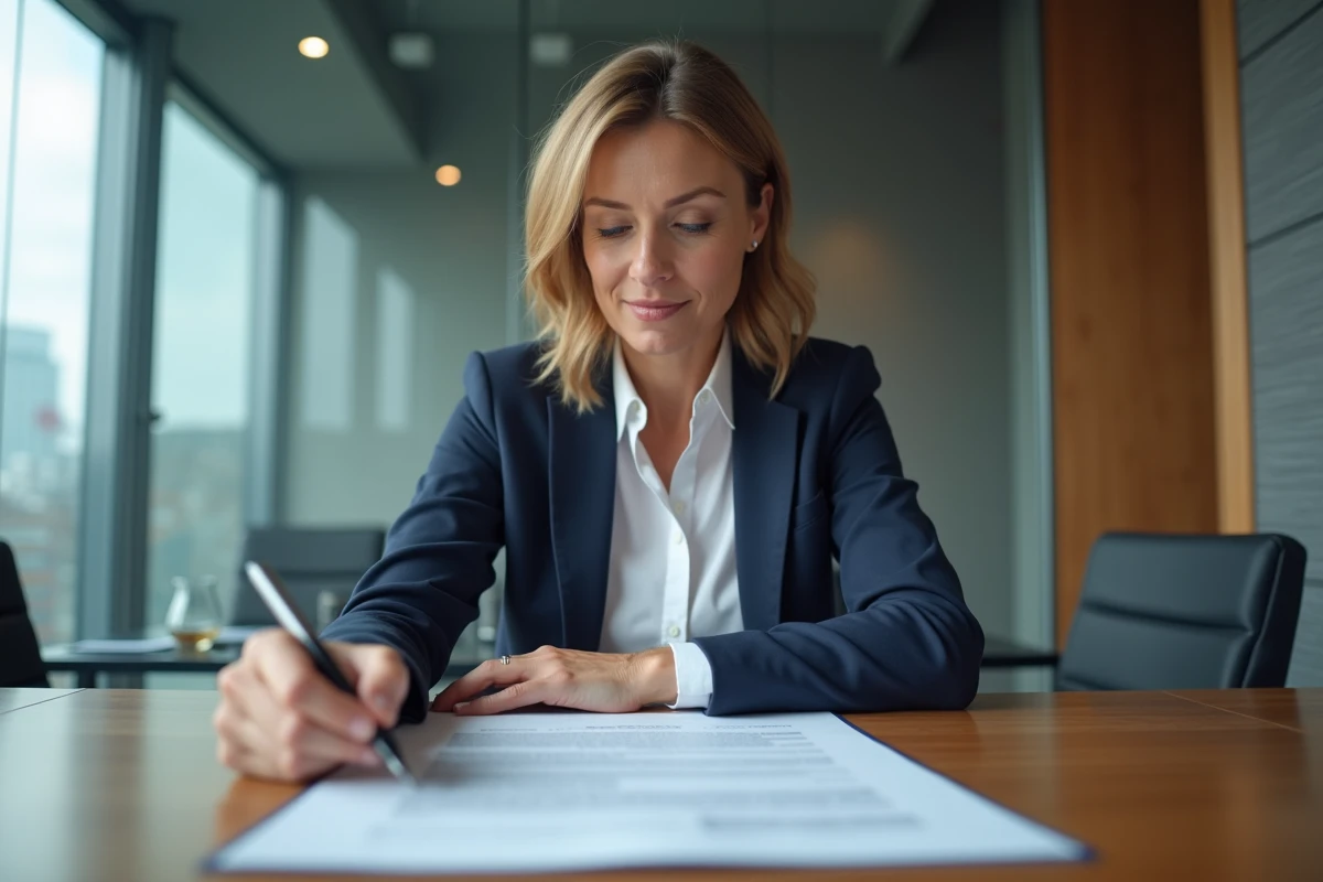 Avocate en droit commercial analysant un contrat commercial en détail dans une salle de réunion moderne, illustrant l'obligation d'information précontractuelle de l'article 1112-1 du Code civil