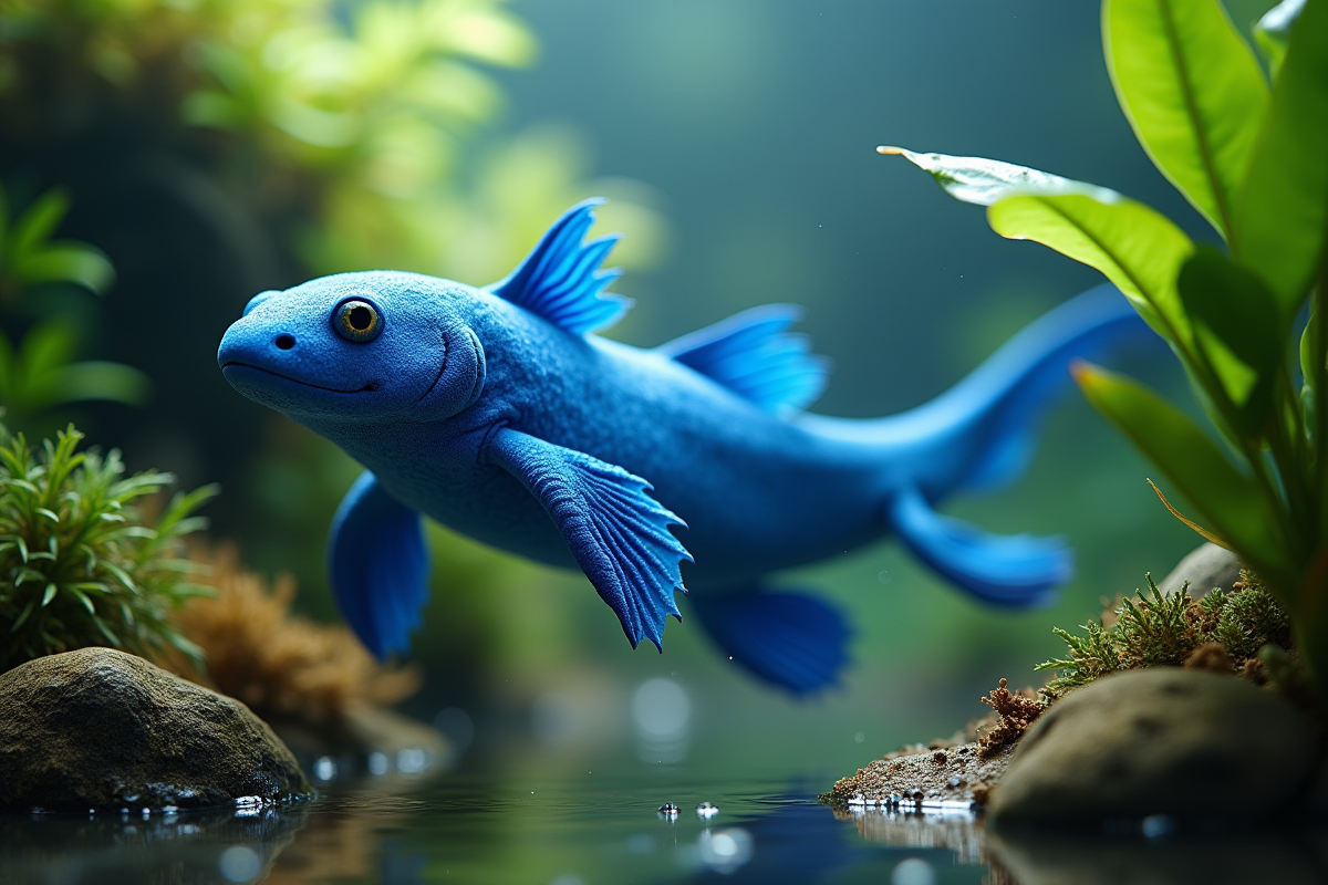 Axolotl bleu nageant dans un habitat naturel clair