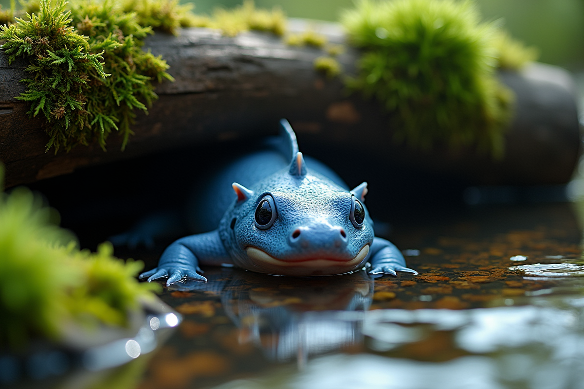 Axolotl bleu partiellement caché sous un bois dans une rivière