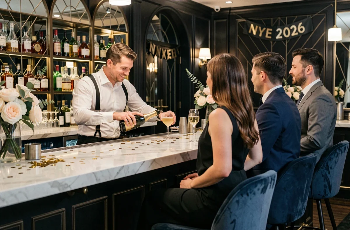 Barman préparant un cocktail de champagne dans un bar sophistiqué décoré pour la soirée du réveillon du Nouvel An 2026 avec des clients en tenue de soirée