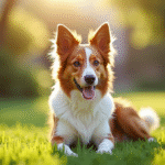 Chien berger australien rouge assis sur la pelouse en famille