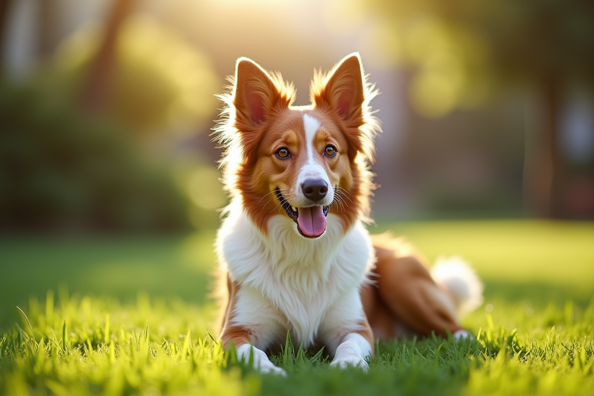 Chien berger australien rouge assis sur la pelouse en famille