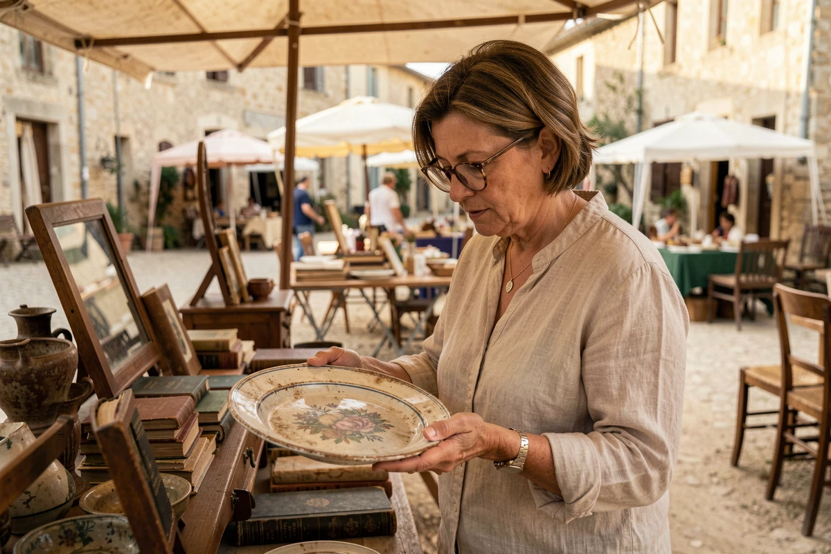 Femme examinant une céramique ancienne sur un stand de brocante en plein air en Lot-et-Garonne