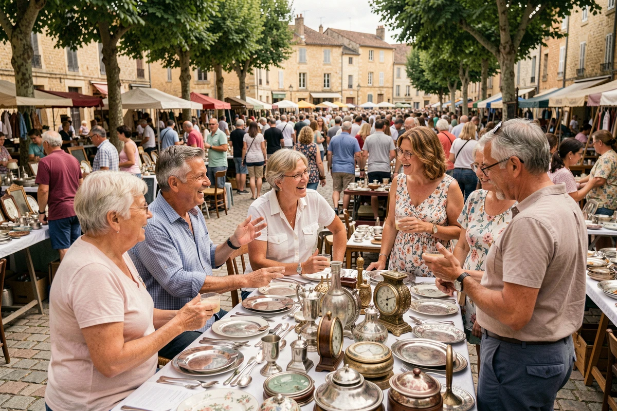 Groupe de visiteurs autour d'un stand d'objets anciens lors d'une grande brocante en Lot-et-Garonne