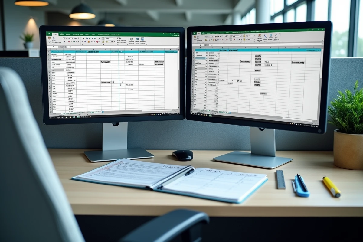 Bureau professionnel avec deux écrans affichant des formules Excel de calcul du temps entre deux dates