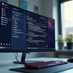 Bureau moderne avec écran affichant un chat Discord en fonts stylés