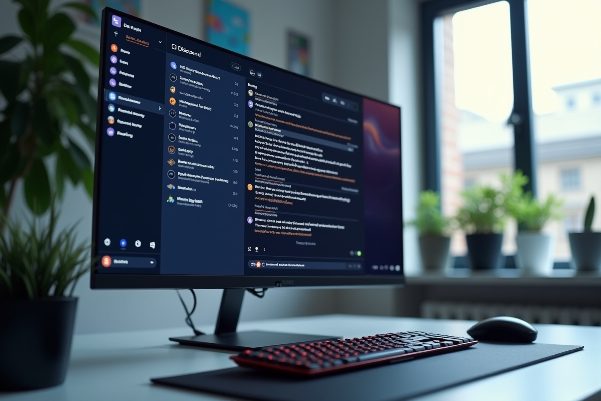 Bureau moderne avec écran affichant un chat Discord en fonts stylés