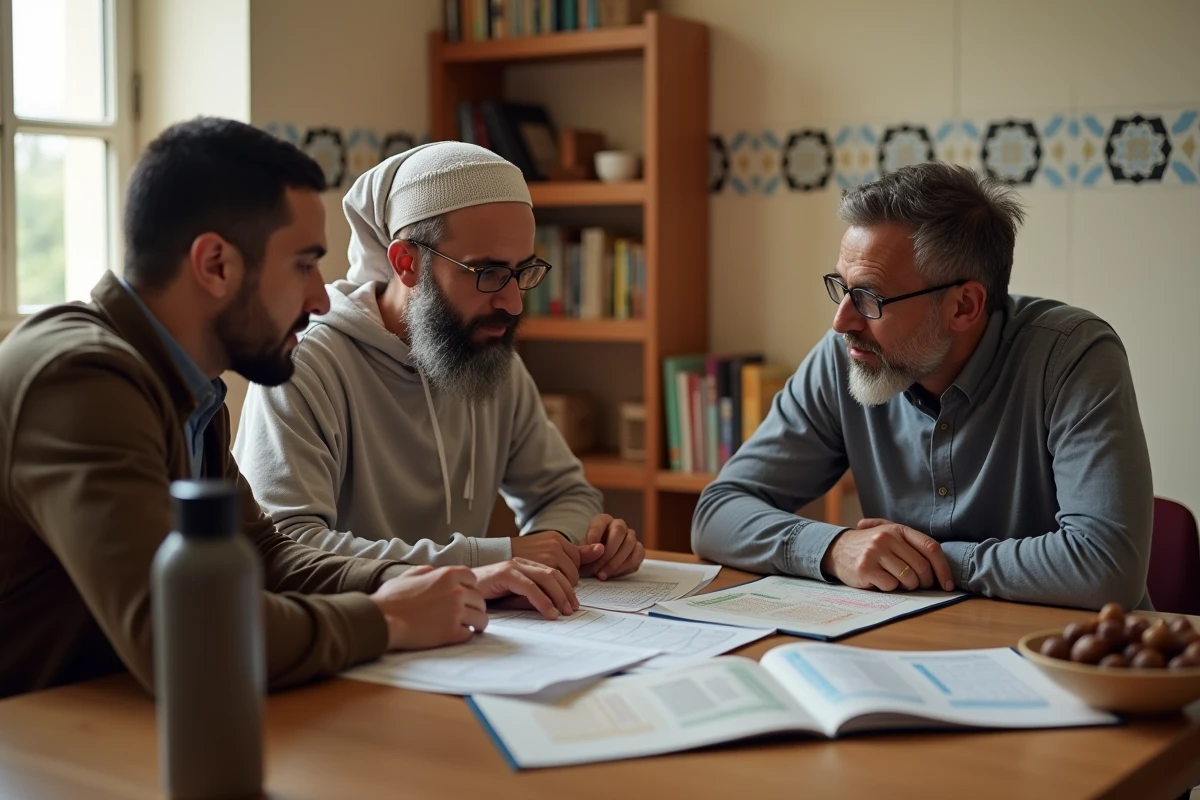 Groupe de personnes découvrant ensemble le calendrier du Ramadan 2026 dans une salle communautaire d'une mosquée à Lyon