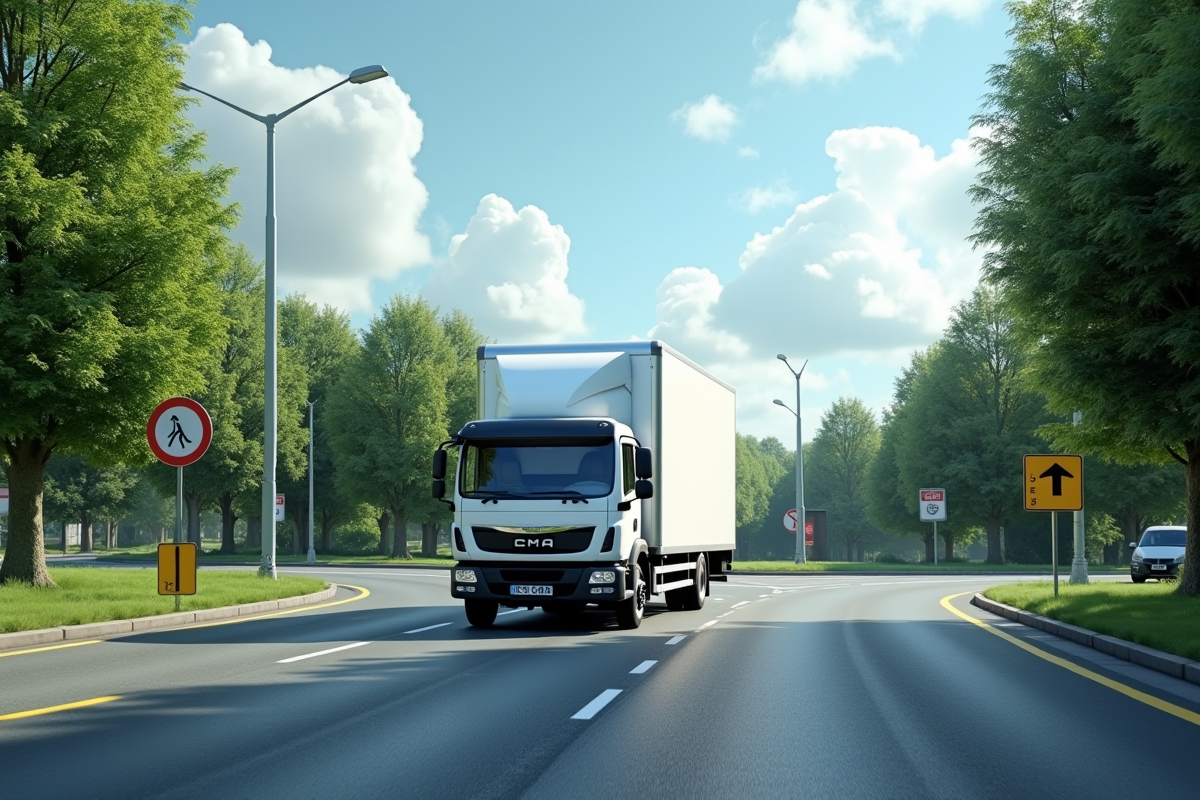 Camion blanc de 15m3 naviguant dans un rond-point suburbain ensoleille