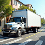 Camion blanc de déménagement dans une place de parking urbaine