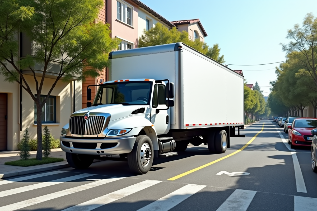 Camion blanc de déménagement dans une place de parking urbaine