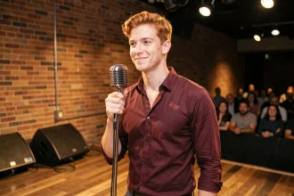 Chanteur roux assumant son identité sur scène dans un club de musique intime avec microphone vintage