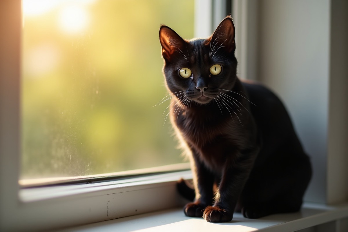 Chat noir assis sur une fenêtre ensoleillée avec lumière naturelle