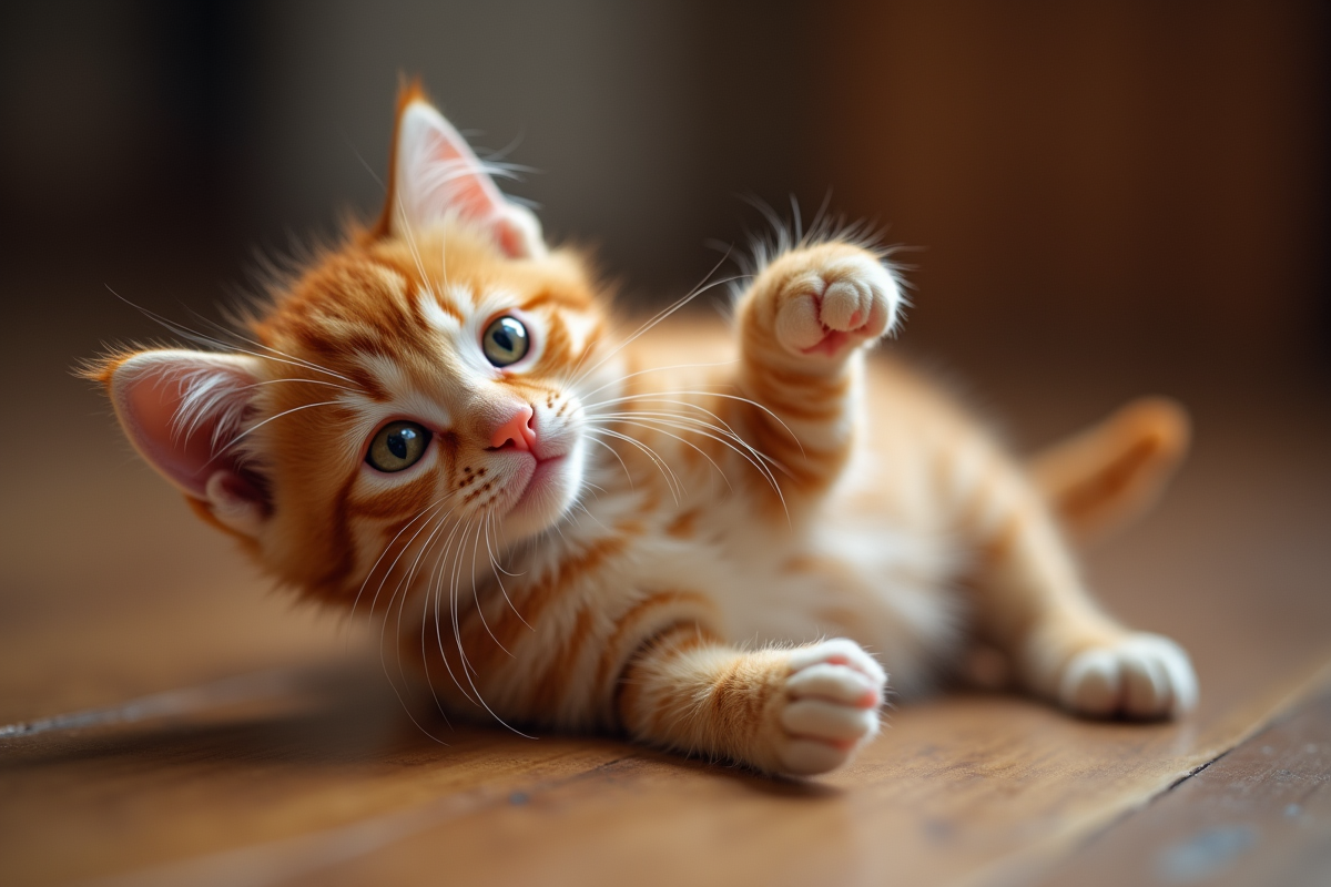 Chaton roux joueur allongé sur le sol en bois avec lumière douce