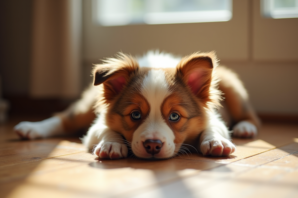 Chiot berger australien rouge allongé sur le sol en intérieur