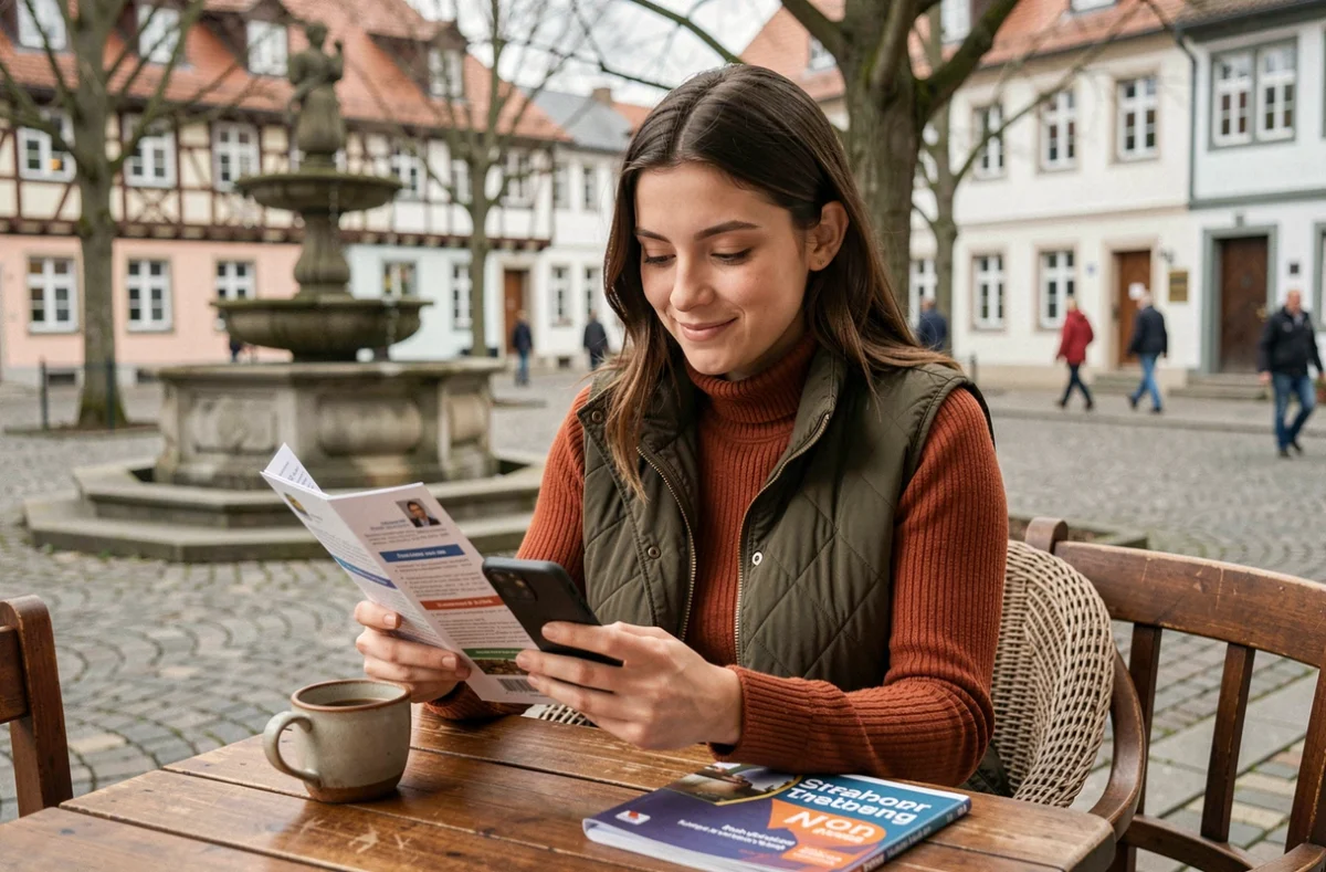 Jeune femme consultant un agenda de sorties alsaciennes en terrasse d'une winstub strasbourgeoise, hésitant entre soirée festive et sortie calme