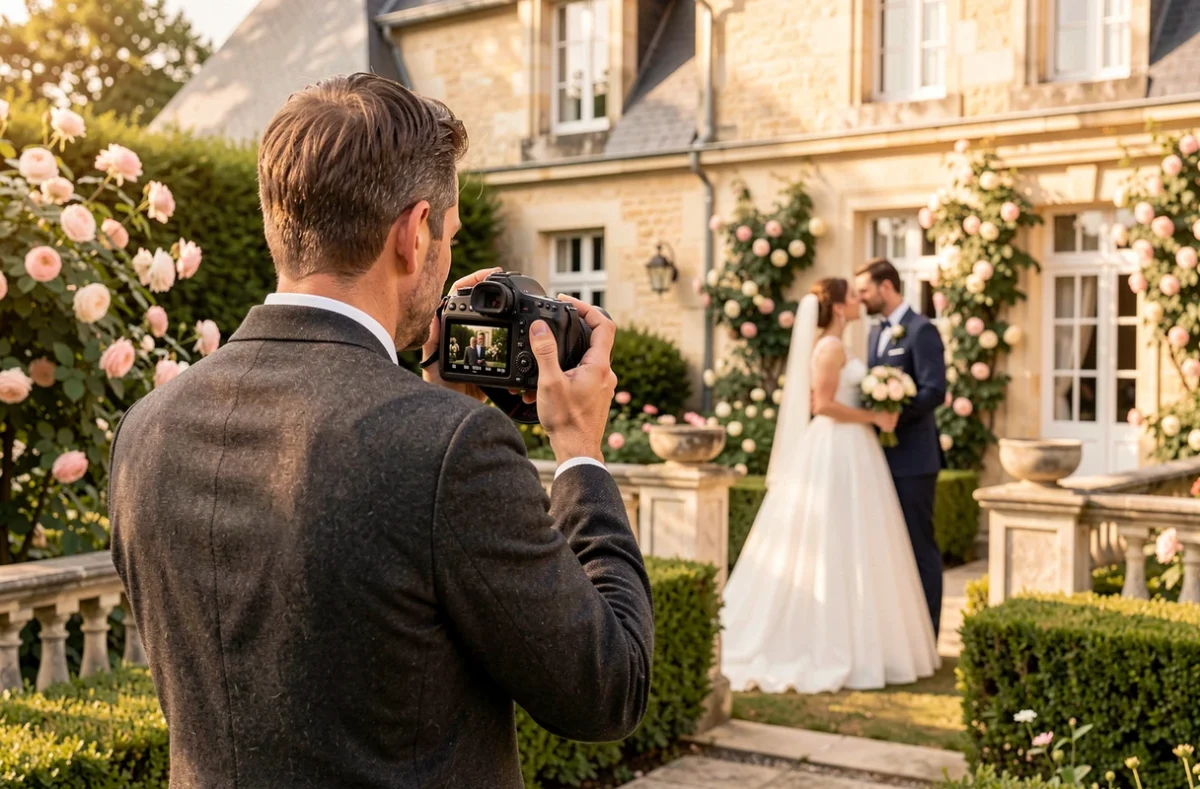 Vidéaste mariage de Ciezar Lab filmant discrètement un couple dans un jardin de château du Val-d'Oise