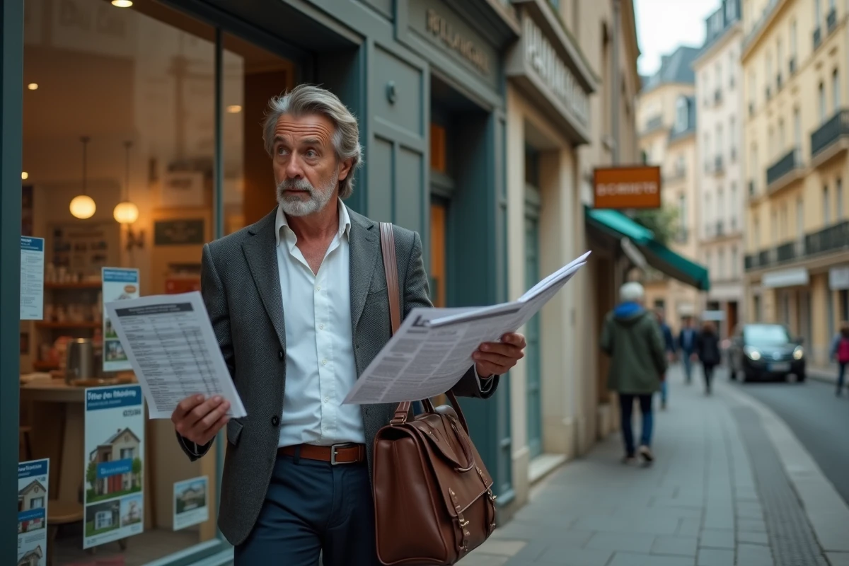 Homme tenant un classement de villes et des annonces immobilières, l'air indécis, illustrant l'erreur d'utiliser un classement pour justifier une décision individuelle