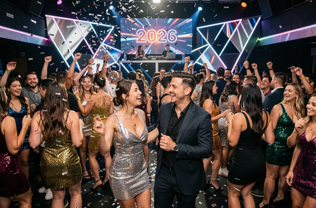 Foule festive dansant dans une discothèque bondée lors d'une soirée organisée pour le réveillon du Nouvel An 2026 avec confettis et affichage numérique 2026