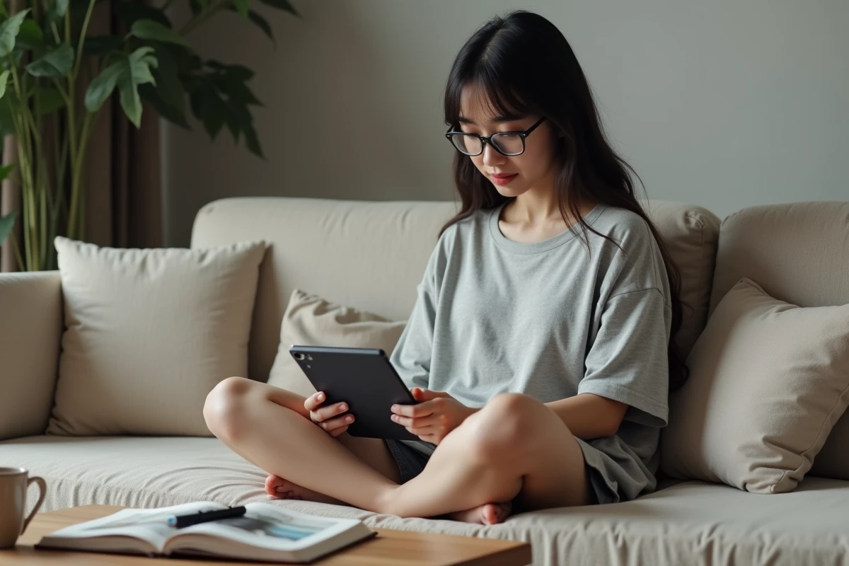 Jeune femme avec tablette comparant deux applications de suivi d'anime sur son canapé