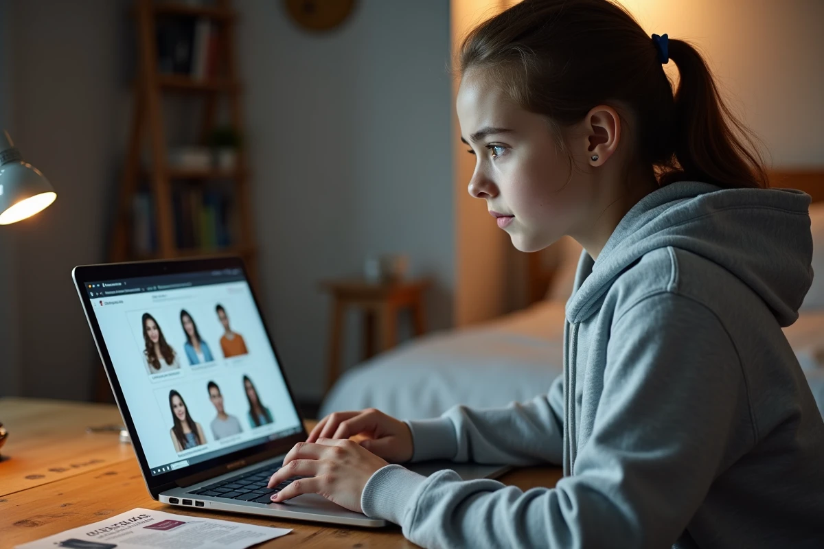 Adolescente comparant les prix de photomaton en ligne sur un ordinateur portable à la maison