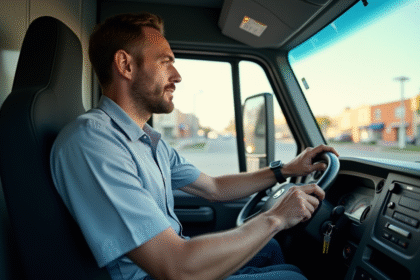 Conducteur professionnel dans la cabine d'un camion moderne de livraison