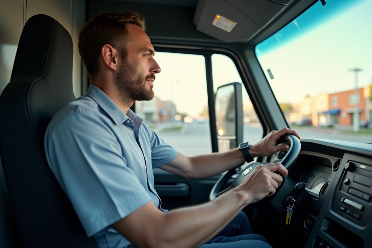 Conducteur professionnel dans la cabine d'un camion moderne de livraison