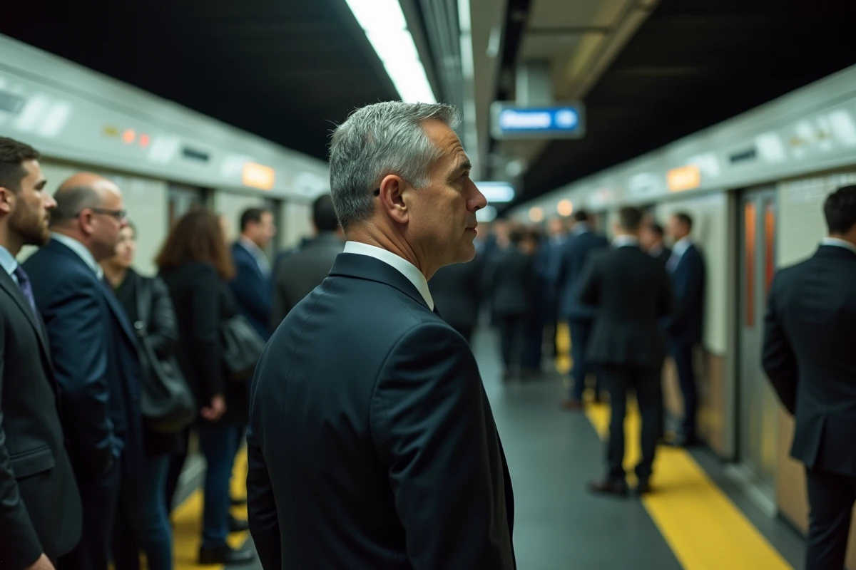 Homme en costume dans le métro entouré de voyageurs, symbolisant la conformité sociale et le fait social selon Durkheim