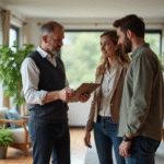 Consultant immobilier discutant certificat énergie avec un couple dans un salon moderne